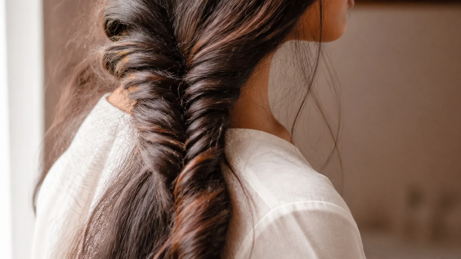 A fishtail braid pulled over one shoulder against a plain top