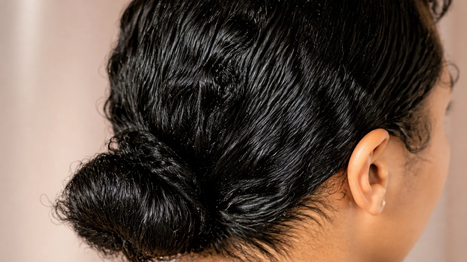 A smoothed low bun at the nape with the sides slicked flat