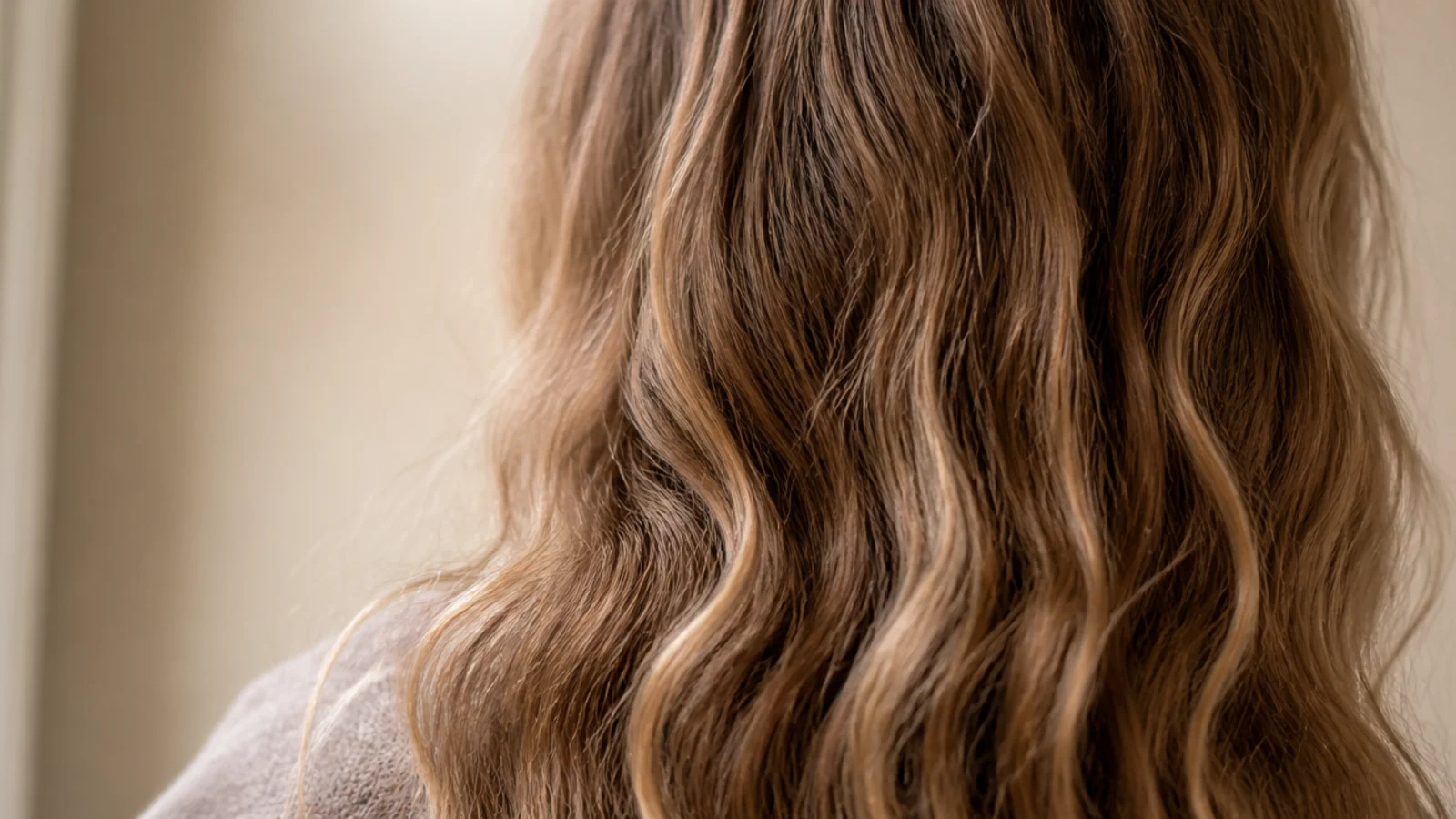 Soft waves the morning after an overnight braid, falling from a centre part