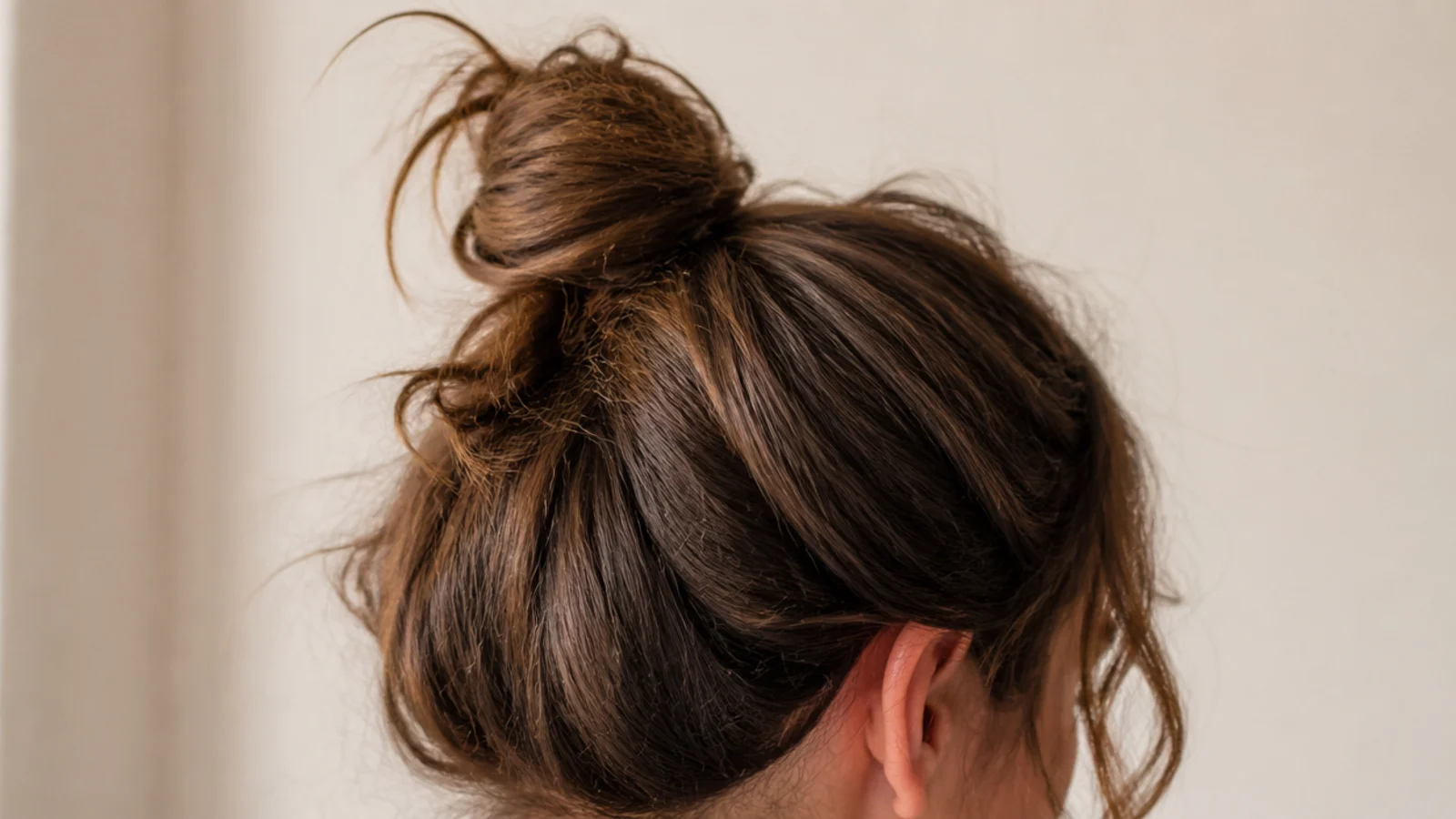 A tight high top knot with the sides smoothed upward