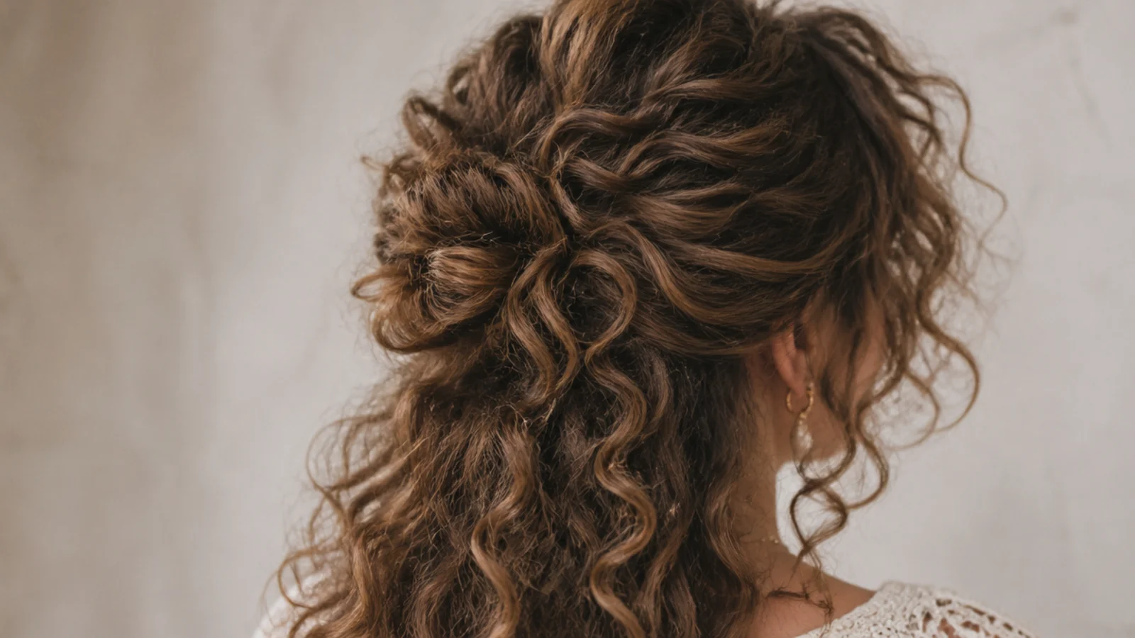 Diffused textured hair with the top section pinned back into a half updo