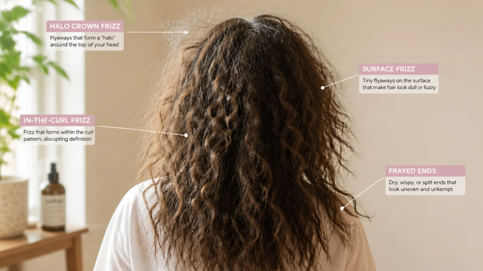 Four hair sections photographed side by side showing different frizz patterns