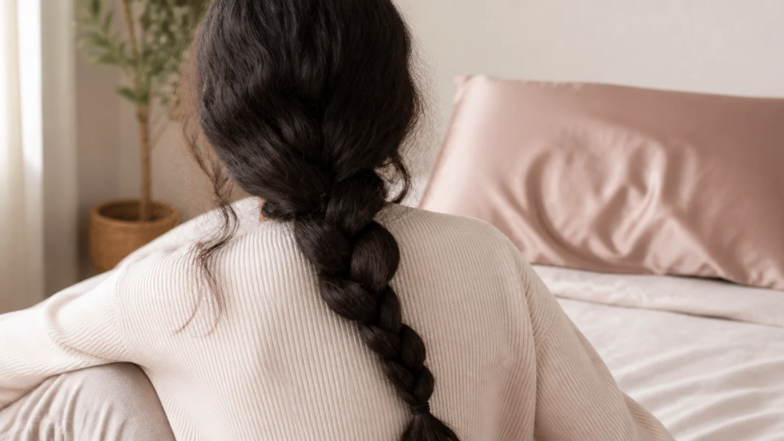 A satin pillowcase and silk scrunchie photographed on a bed at night