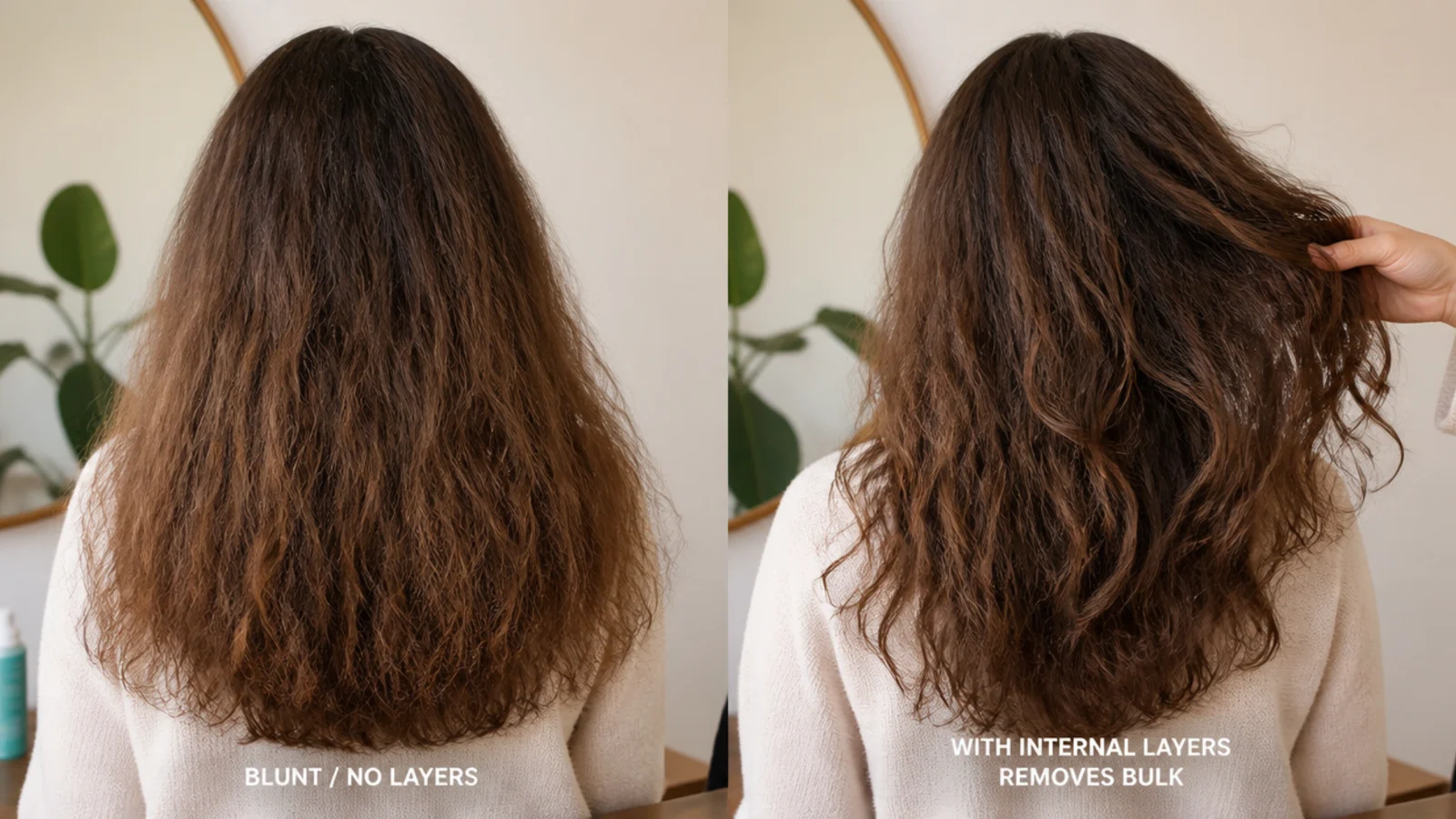 A stylist lifting a section of dense hair to show where the layers sit