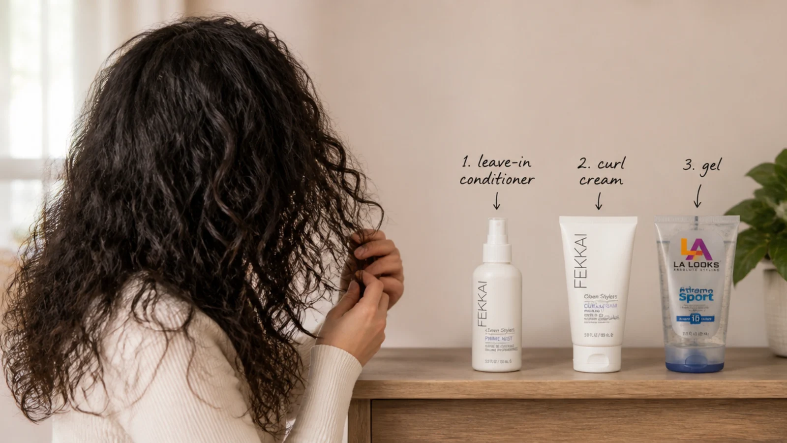 Leave in, cream and gel containers lined up beside a section of wet hair