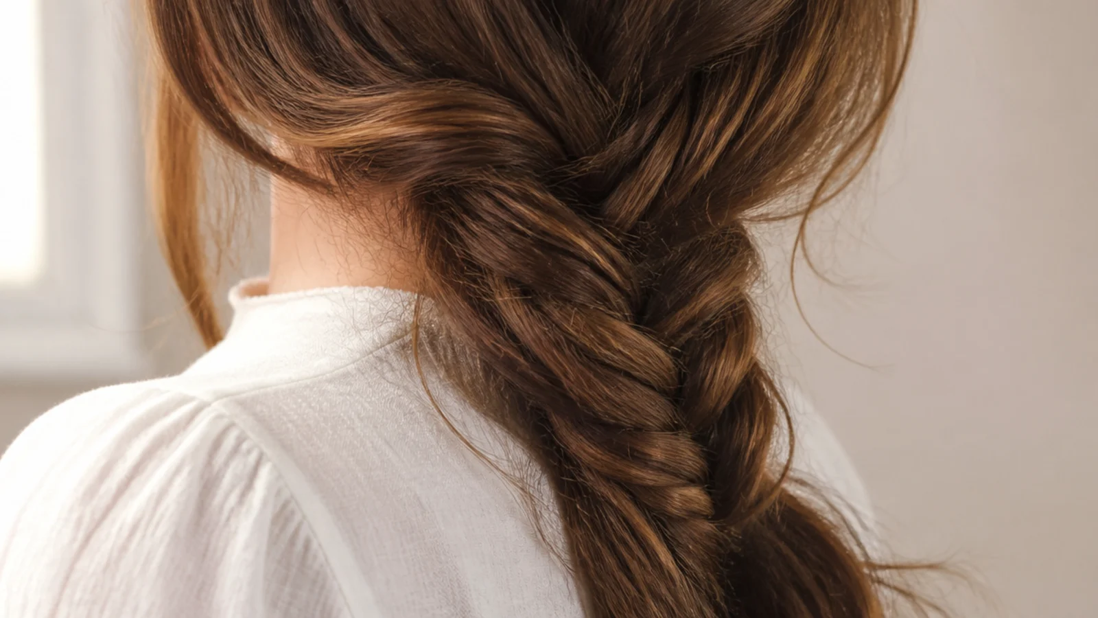 A detailed fishtail braid worn to one side over the shoulder