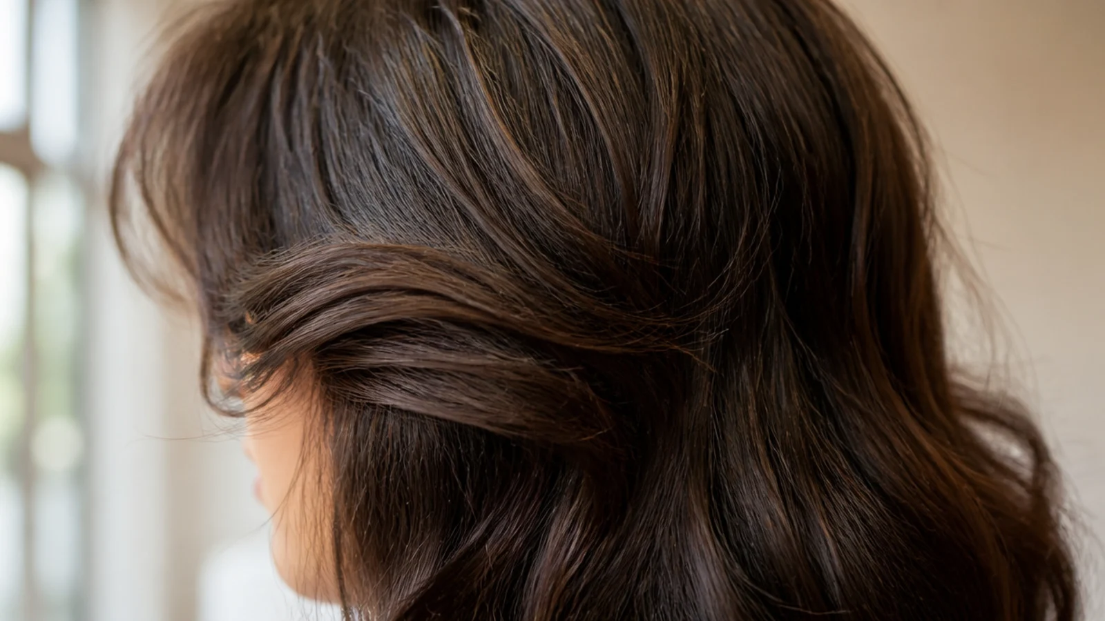 Curtain bangs blown out into a smooth curve away from the face