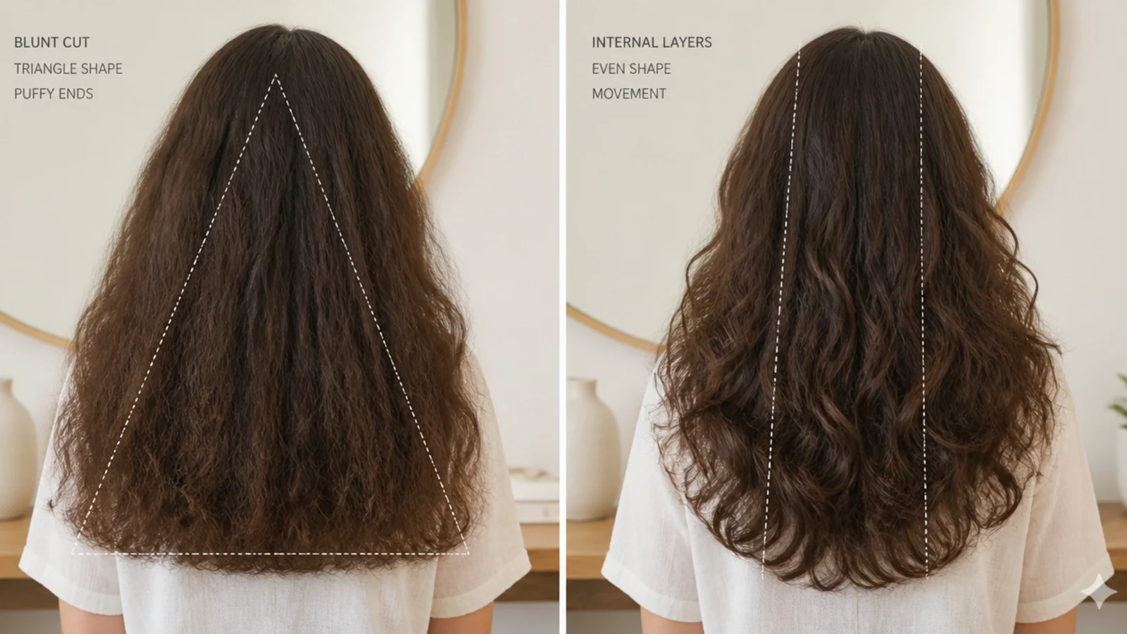 A stylist checking the widest point of a dense haircut against the jawline