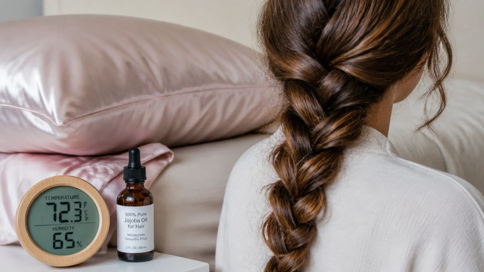 A silk scarf and satin pillowcase on a bed beside a soft hair tie