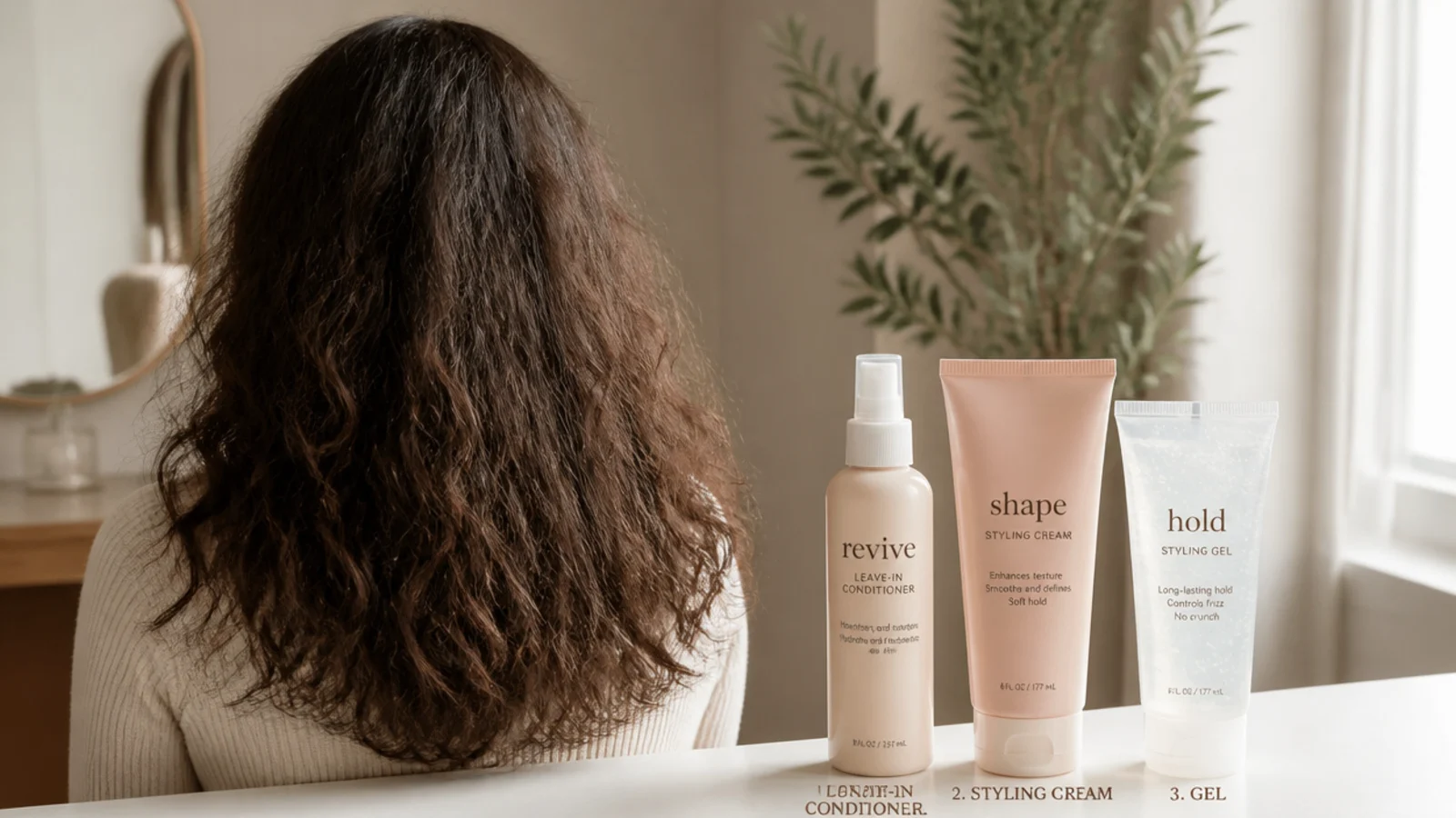 Three product containers arranged in order beside a comb and a section of hair