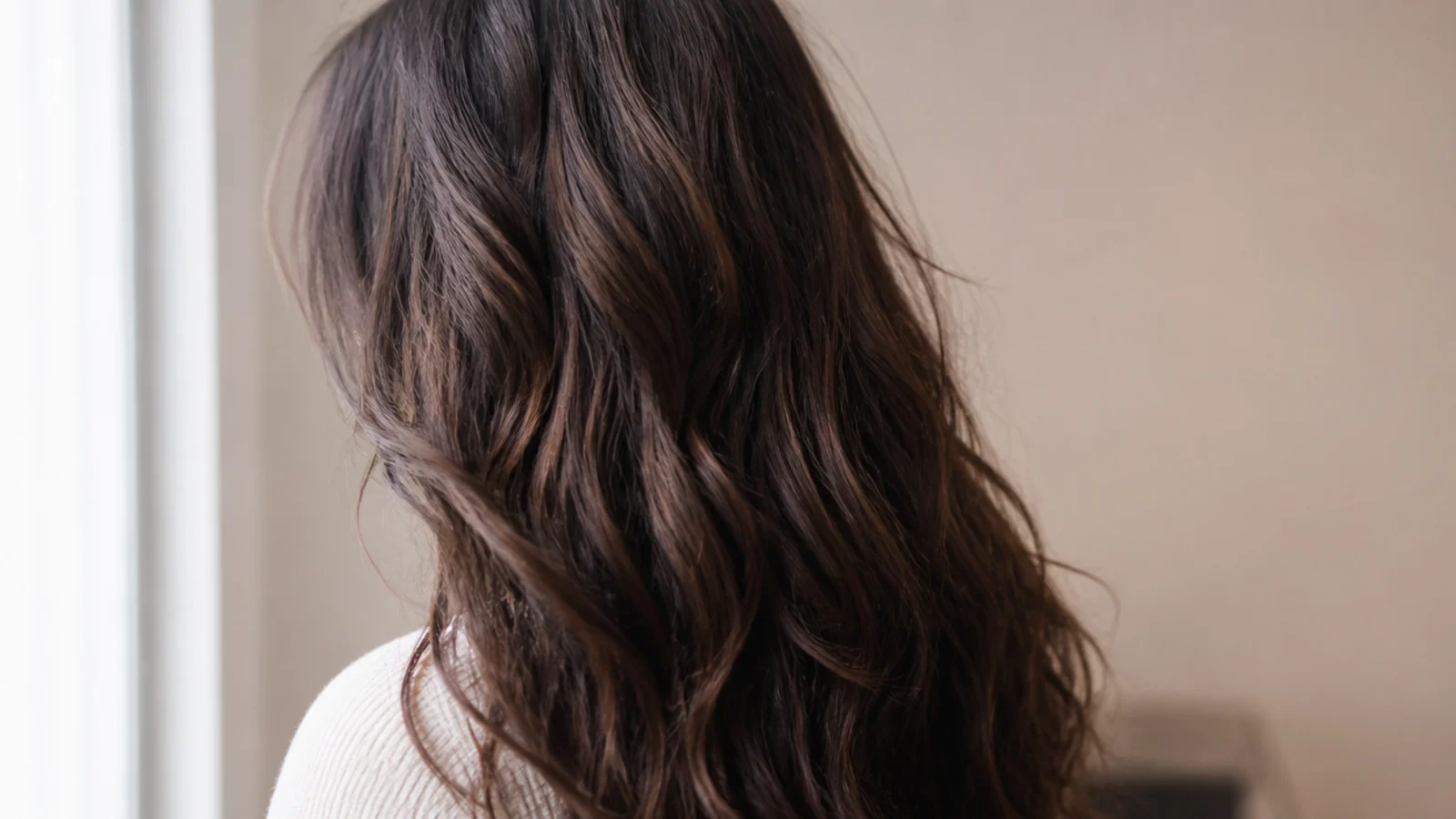 Long dark hair falling straight down the back with a smooth unbroken outer surface