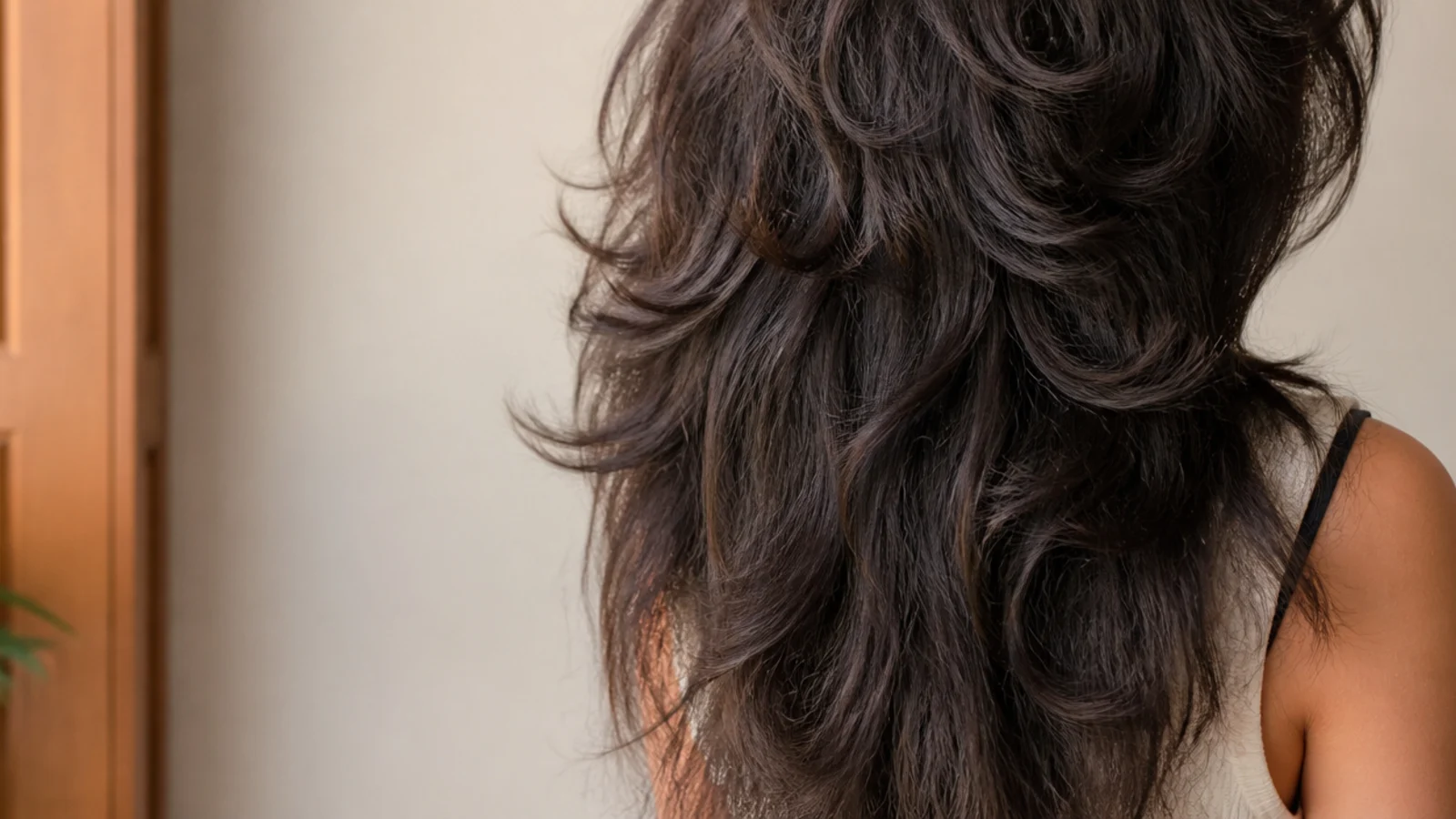 Long hair with distinctly shorter face framing pieces sitting over the length