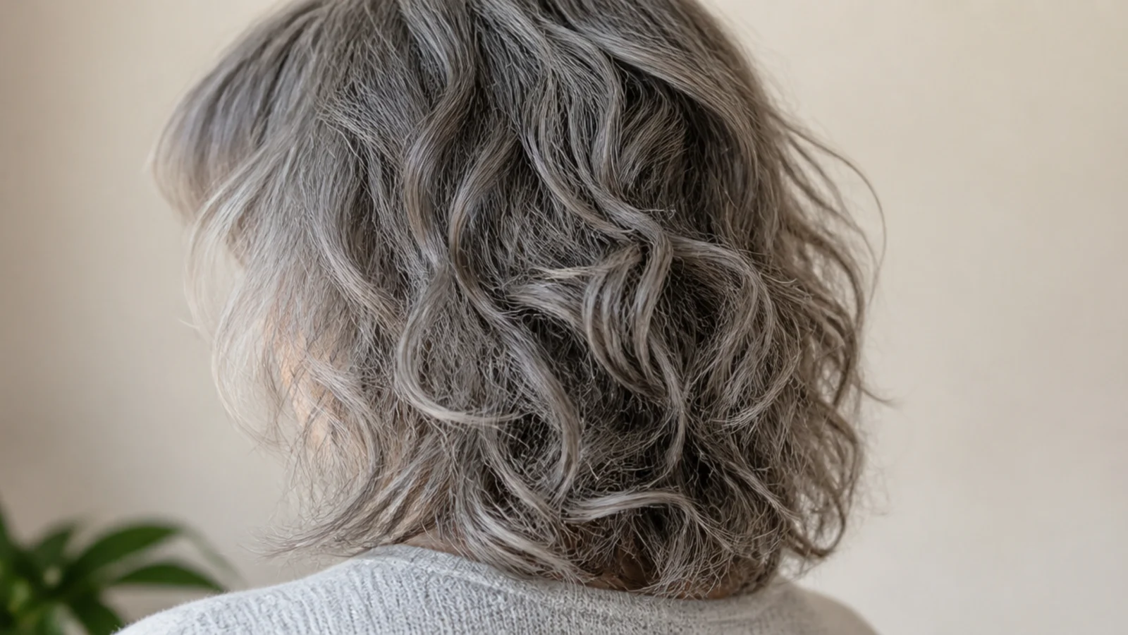 A shoulder length shag with soft crown layers on silver streaked hair