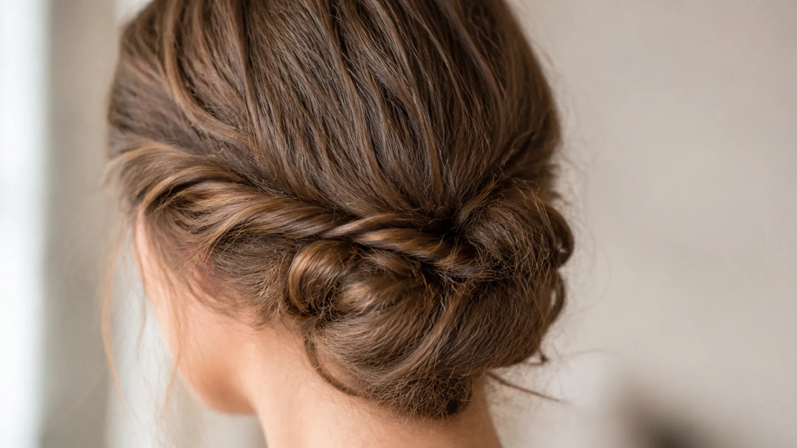 A smooth low chignon pinned at the nape, photographed from behind