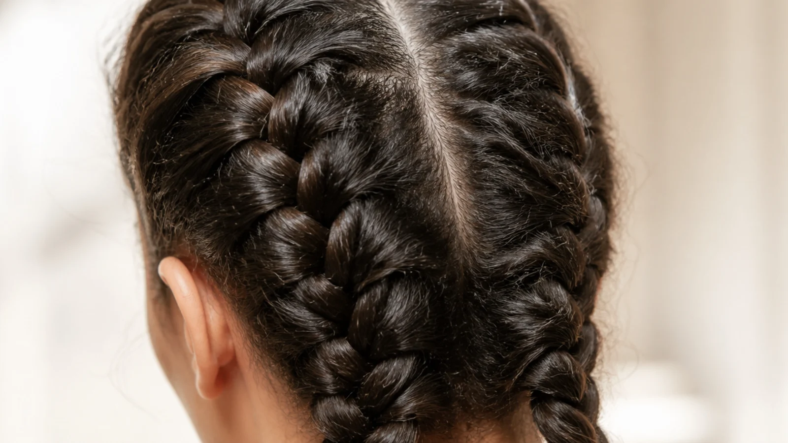 Two raised Dutch braids running from the hairline to the nape on thick dark hair