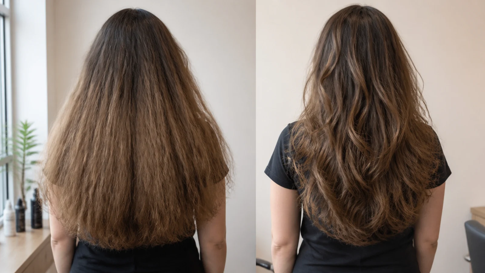 A stylist lifting a section to show shorter hair cut beneath a long smooth top layer