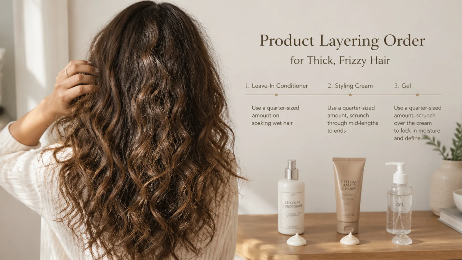 Product being raked through one sectioned quarter of soaking wet hair with the rest clipped away
