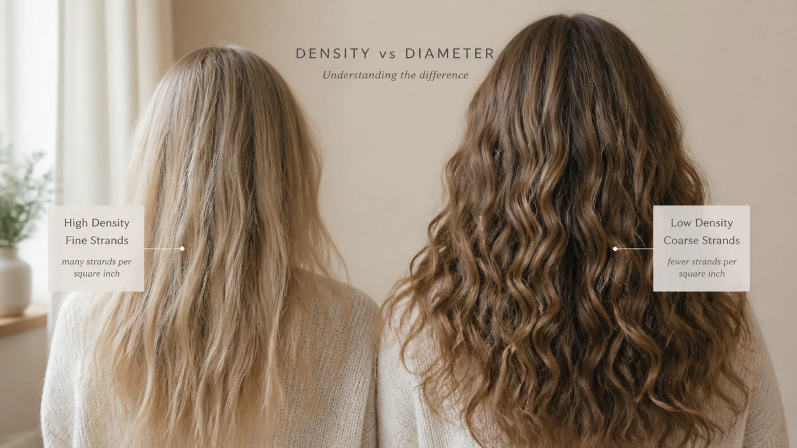 Two hair sections held side by side, one dense and fine and one made of visibly wider strands