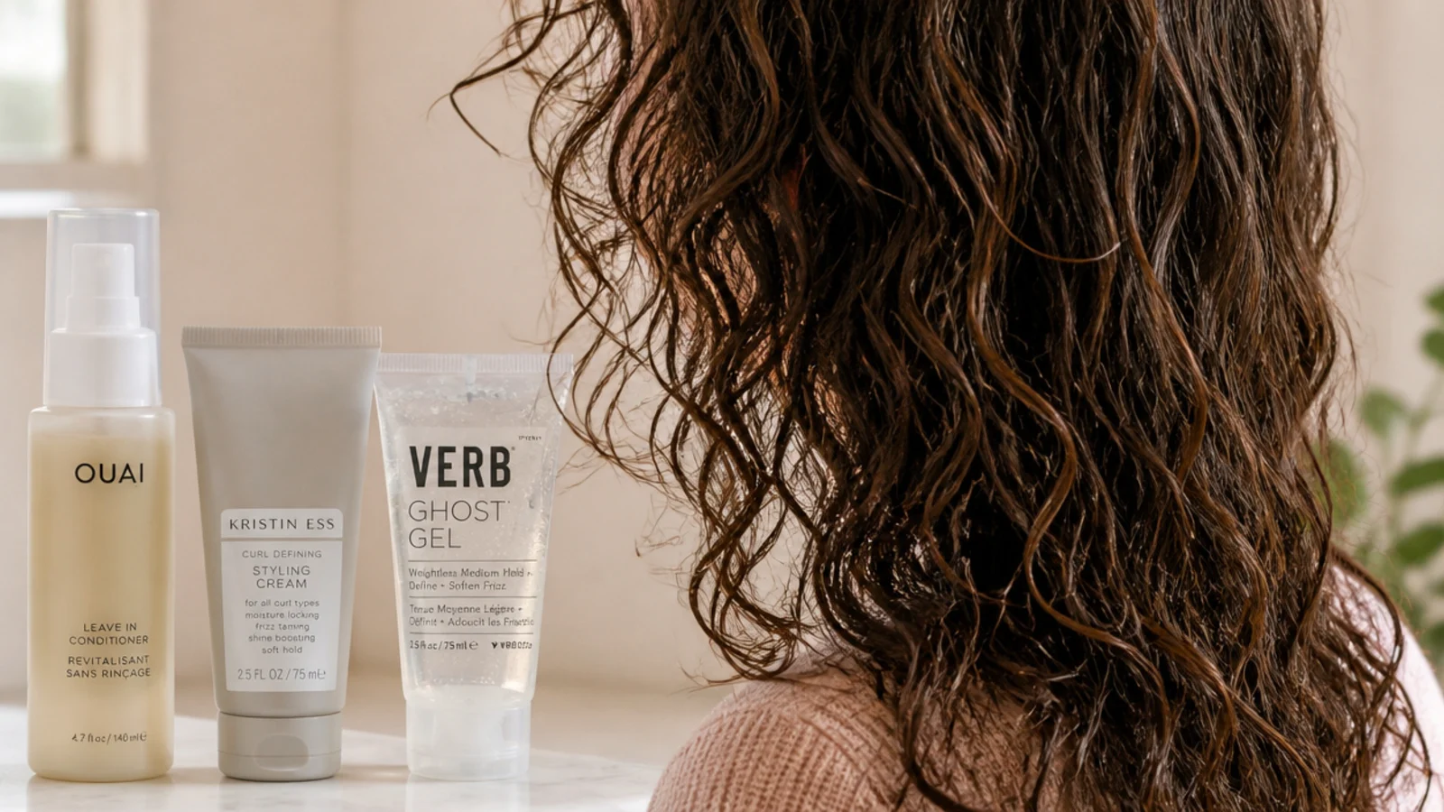Three products lined up from thin to thick beside a section of wet hair