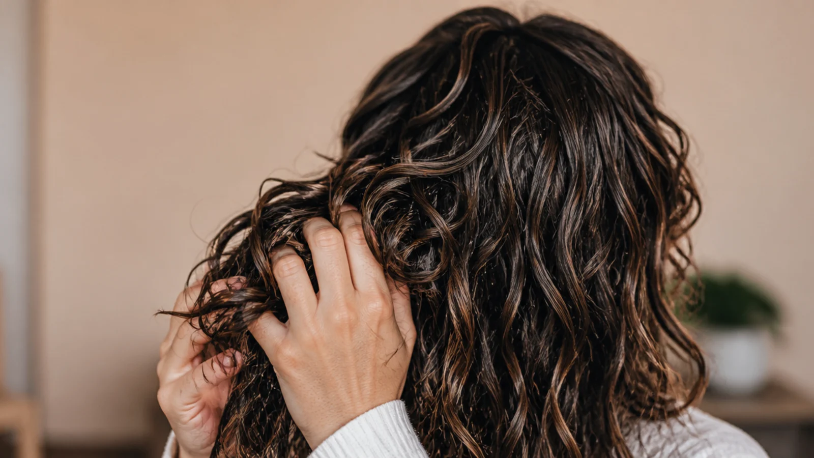 Hands scrunching upward through dried gel cast waves to soften them