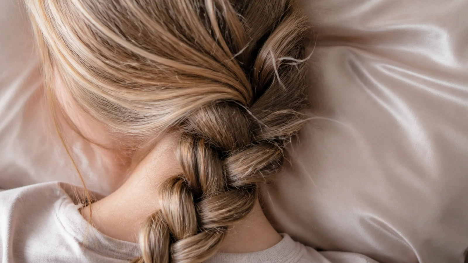 Long hair spread across a pale silk pillowcase in low light