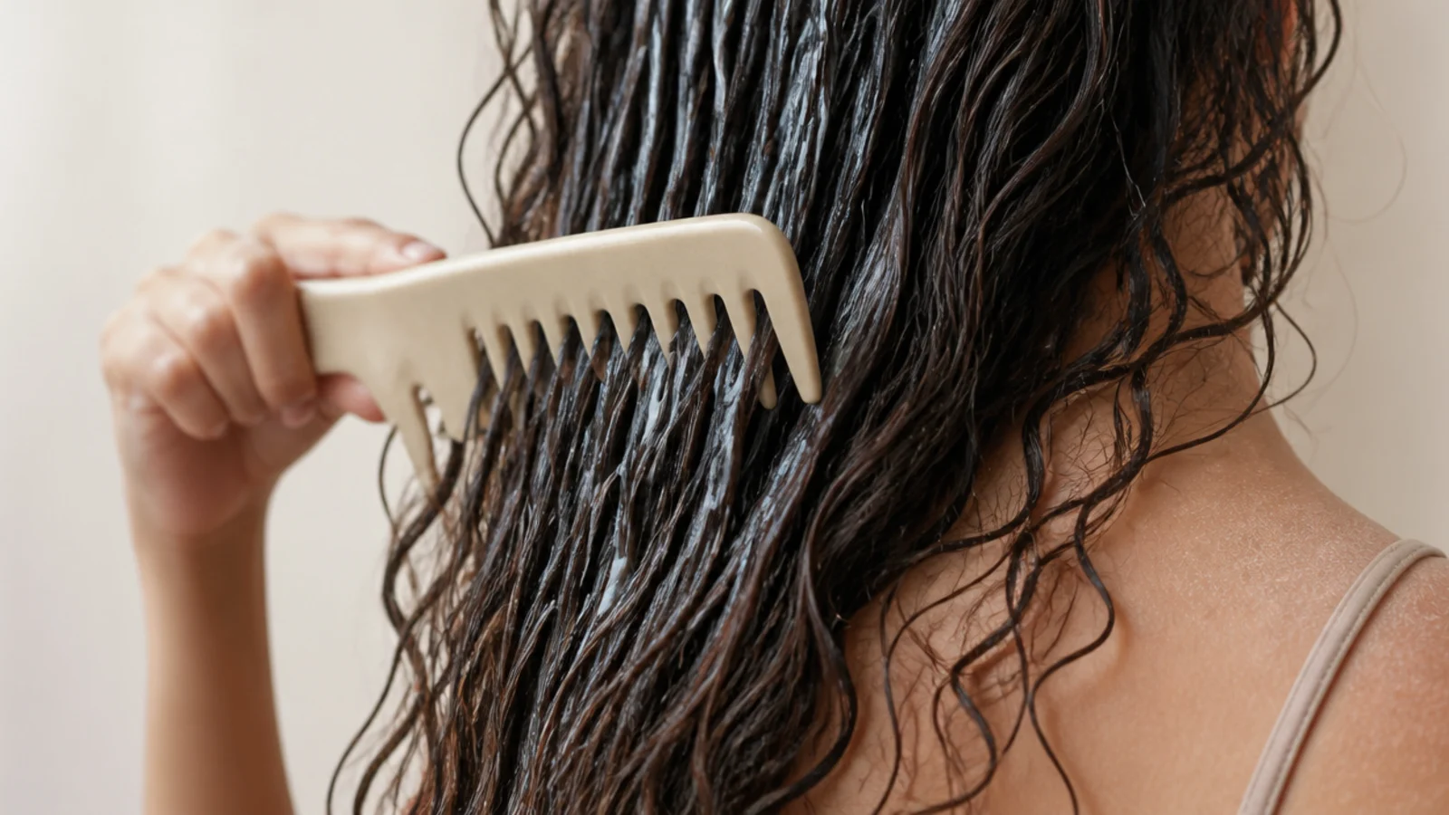 A wide tooth comb working through the ends of a wet section held below the hand