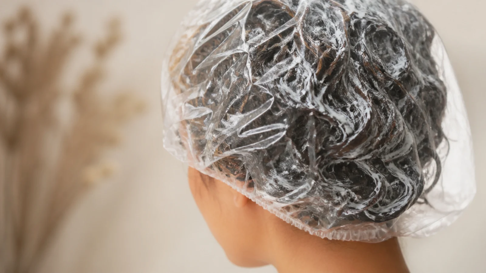 A thick white mask being worked through the mid lengths of sectioned wet hair