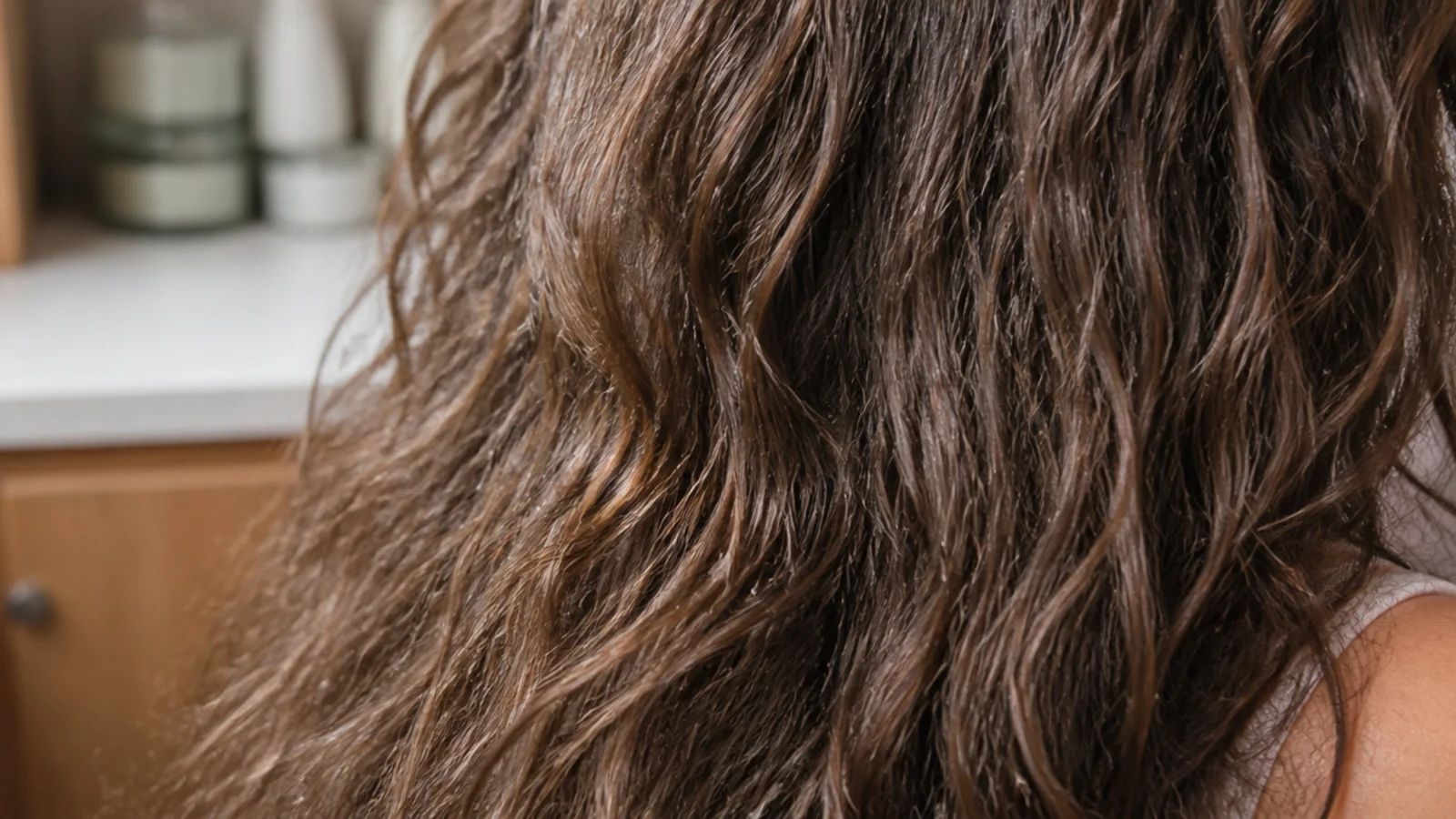 A clear shampoo lathering at the roots with the length hanging wet below