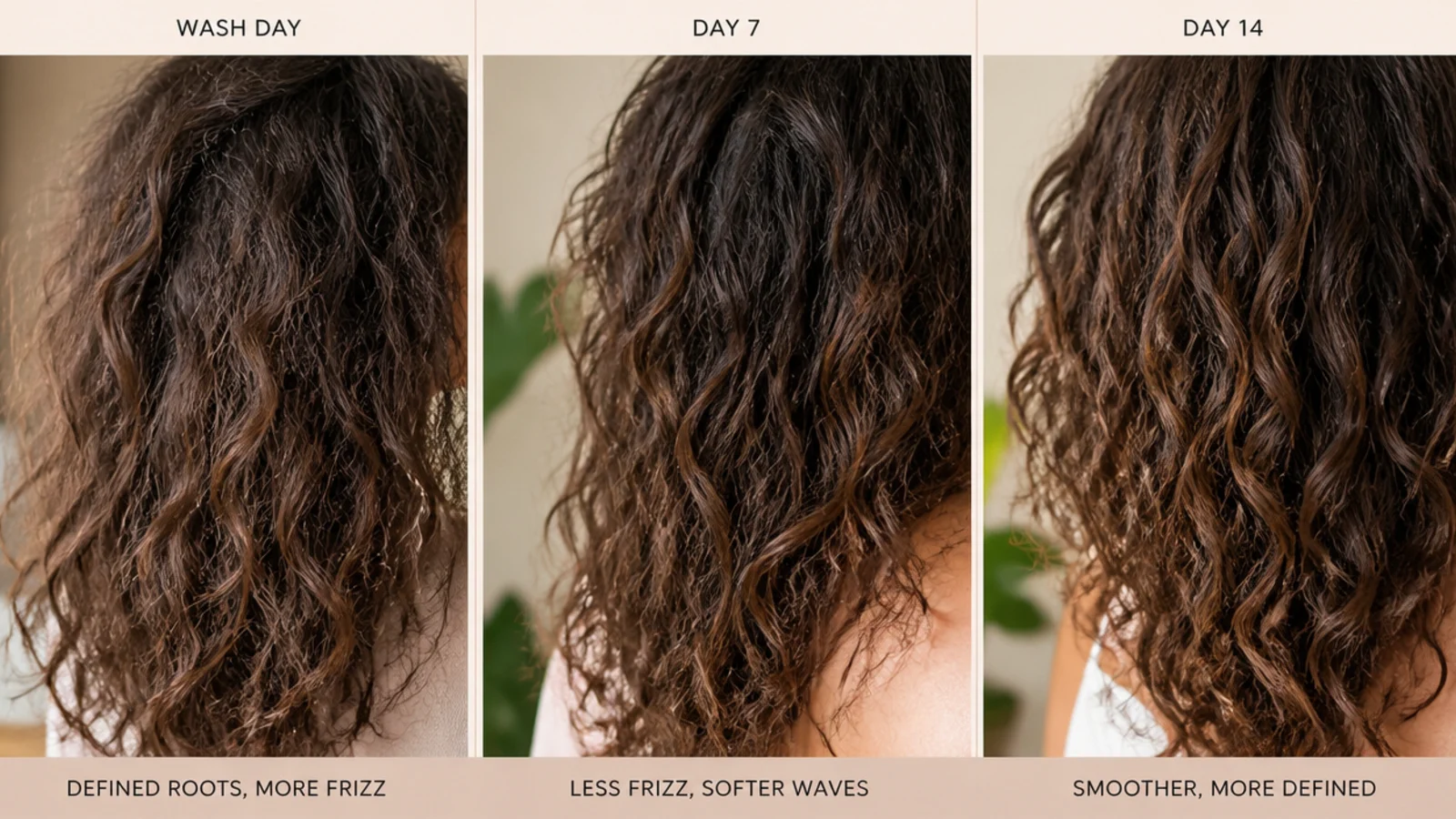 Three photographs of the same hair pinned side by side showing progressive improvement