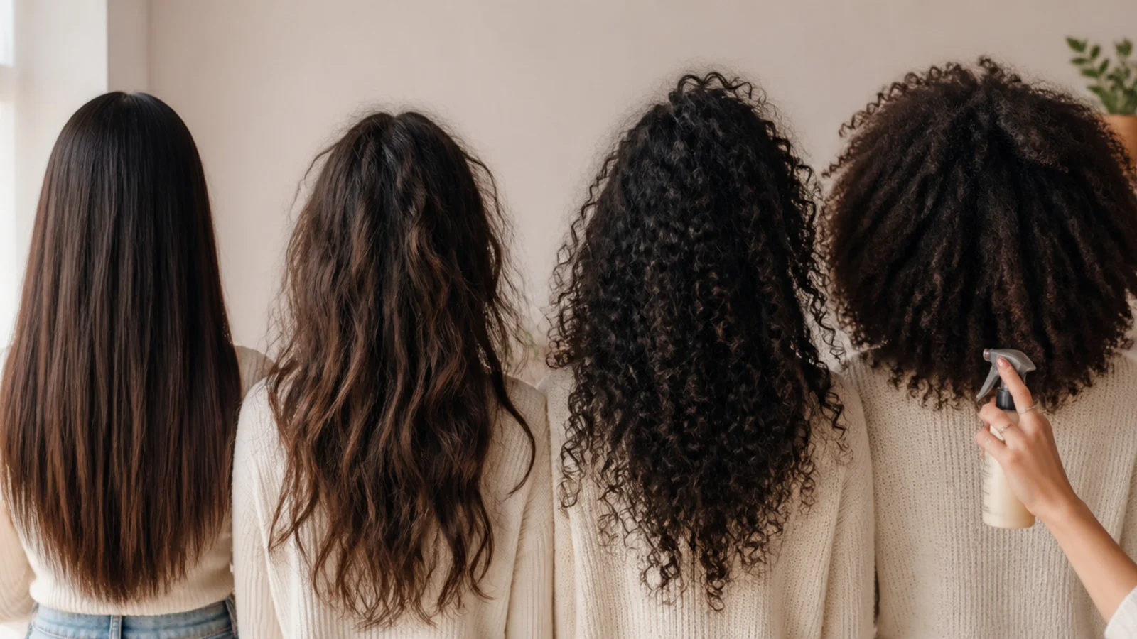Four sections of hair side by side showing straight, wavy, curly and coily texture