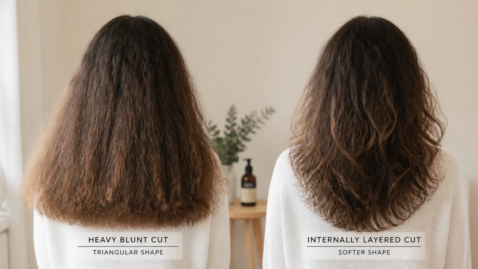 A stylist holding up a section to show shorter interior layers beneath a long top layer