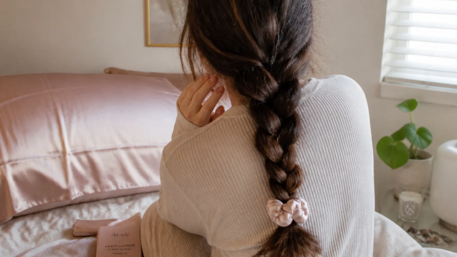 Hair gathered into a loose high pineapple above a satin pillowcase at night