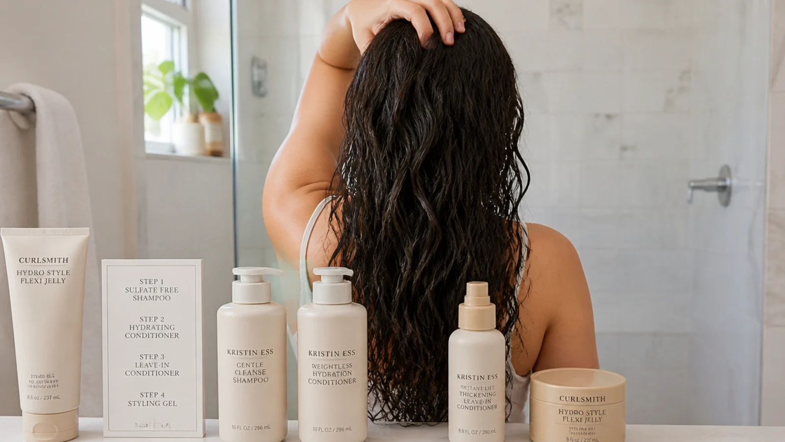 Conditioner being combed through wet hair in the shower with a wide tooth comb