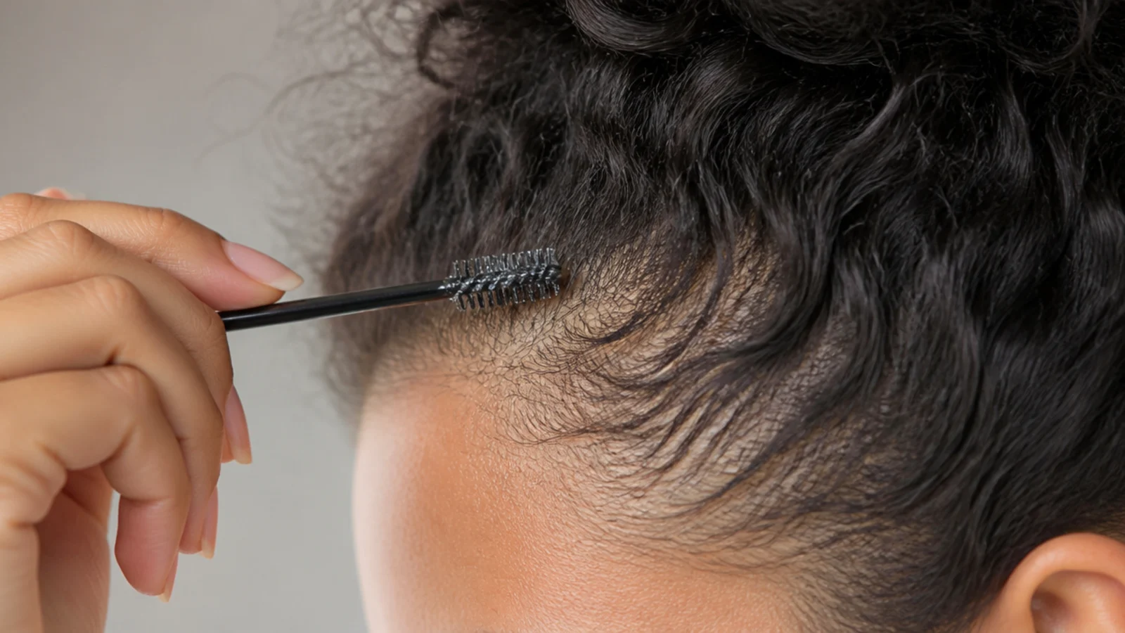 A small spoolie brush being drawn along the hairline above the temple
