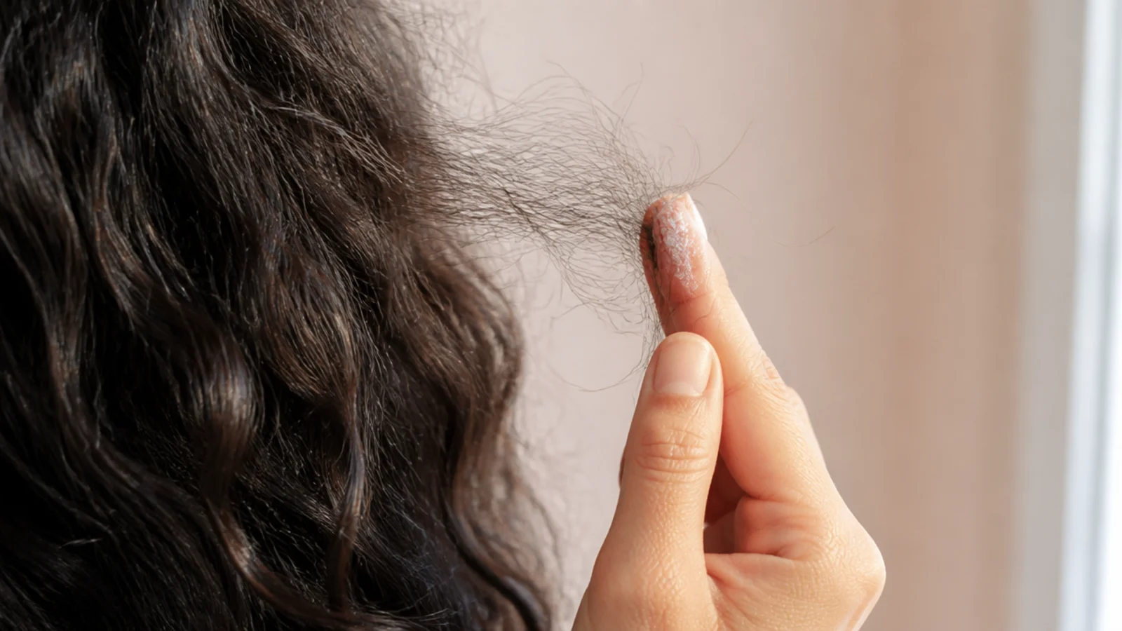 Hairspray being misted onto fingertips before they touch the hair