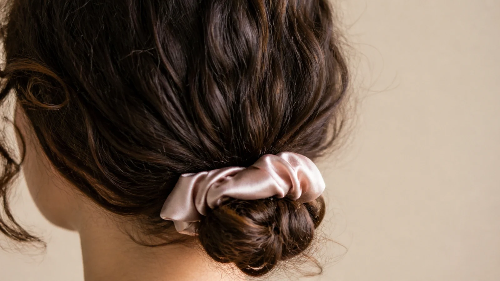 A low bun secured with a cream silk scrunchie at the nape