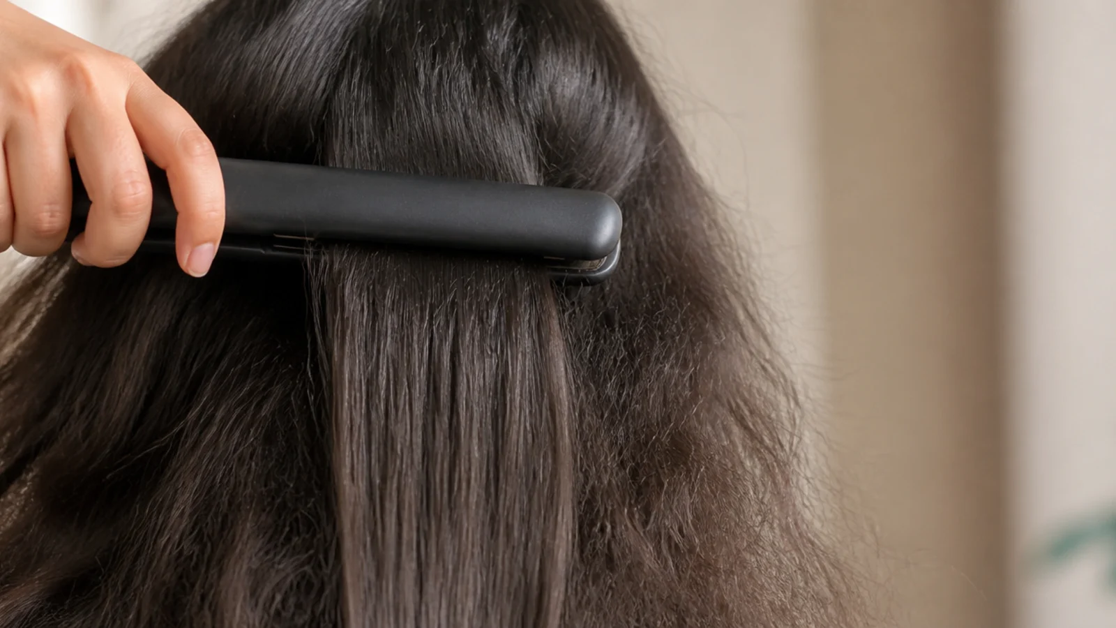A flat iron passing along one thin top section with the rest of the hair clipped away