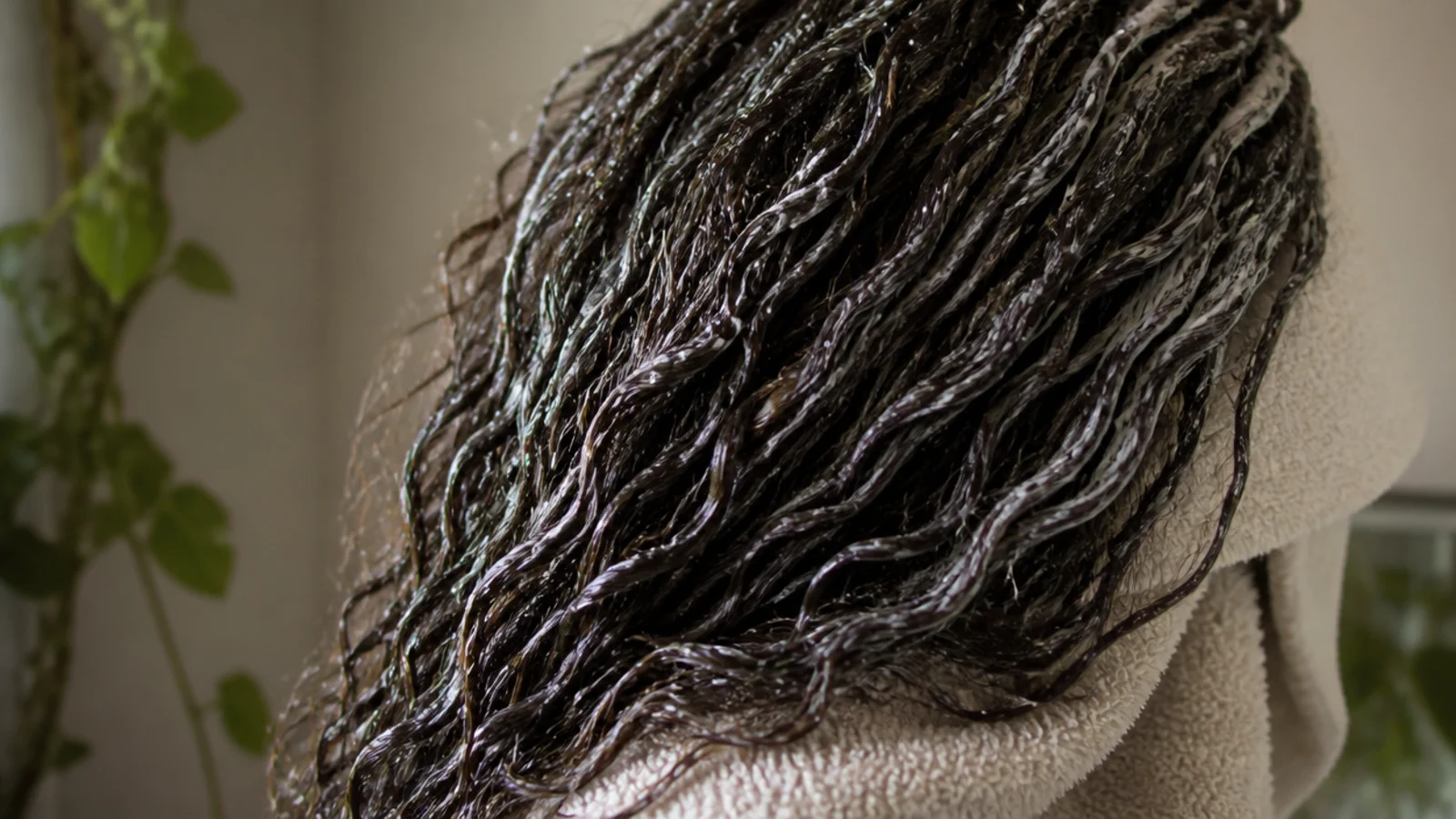 A warm towel wrapped turban style over conditioner treated hair