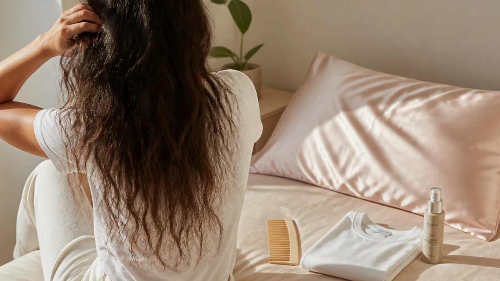 Hair loosely plaited over one shoulder beside a folded satin pillowcase
