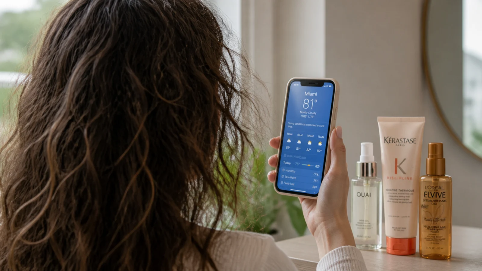 A weather app open on a phone screen next to a hairbrush and a small serum bottle