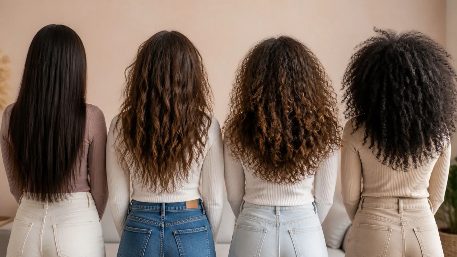 Four hair swatches arranged in a row from straight through wavy and curly to coily