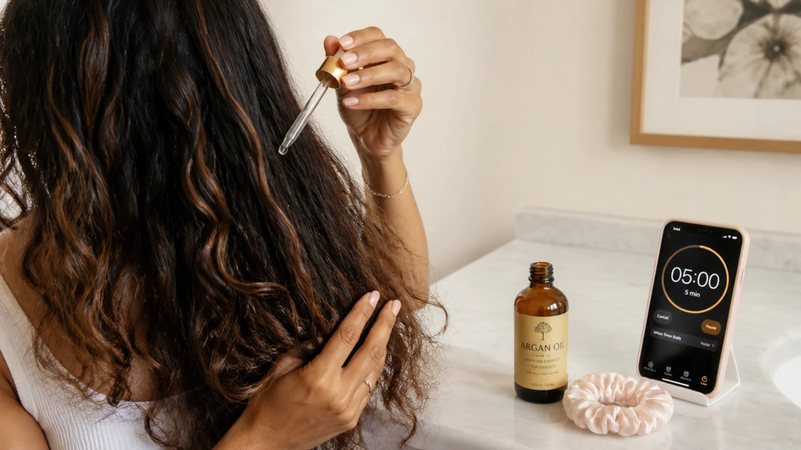 A clock on a bathroom shelf beside a comb and two hair products