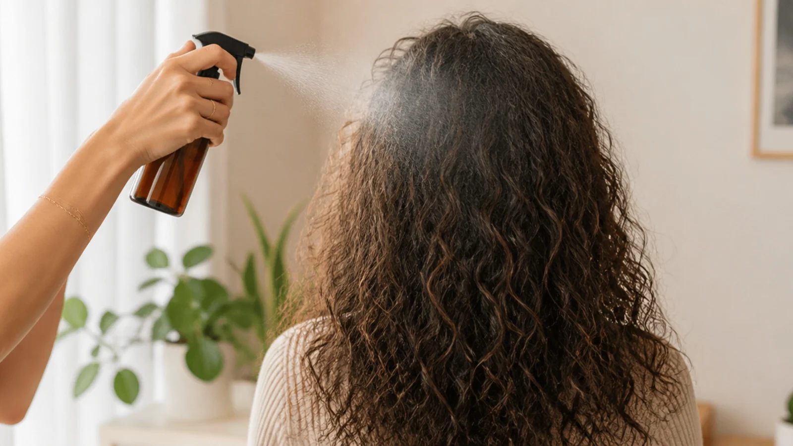 A fine mist spray being applied to a section of hair held away from the head
