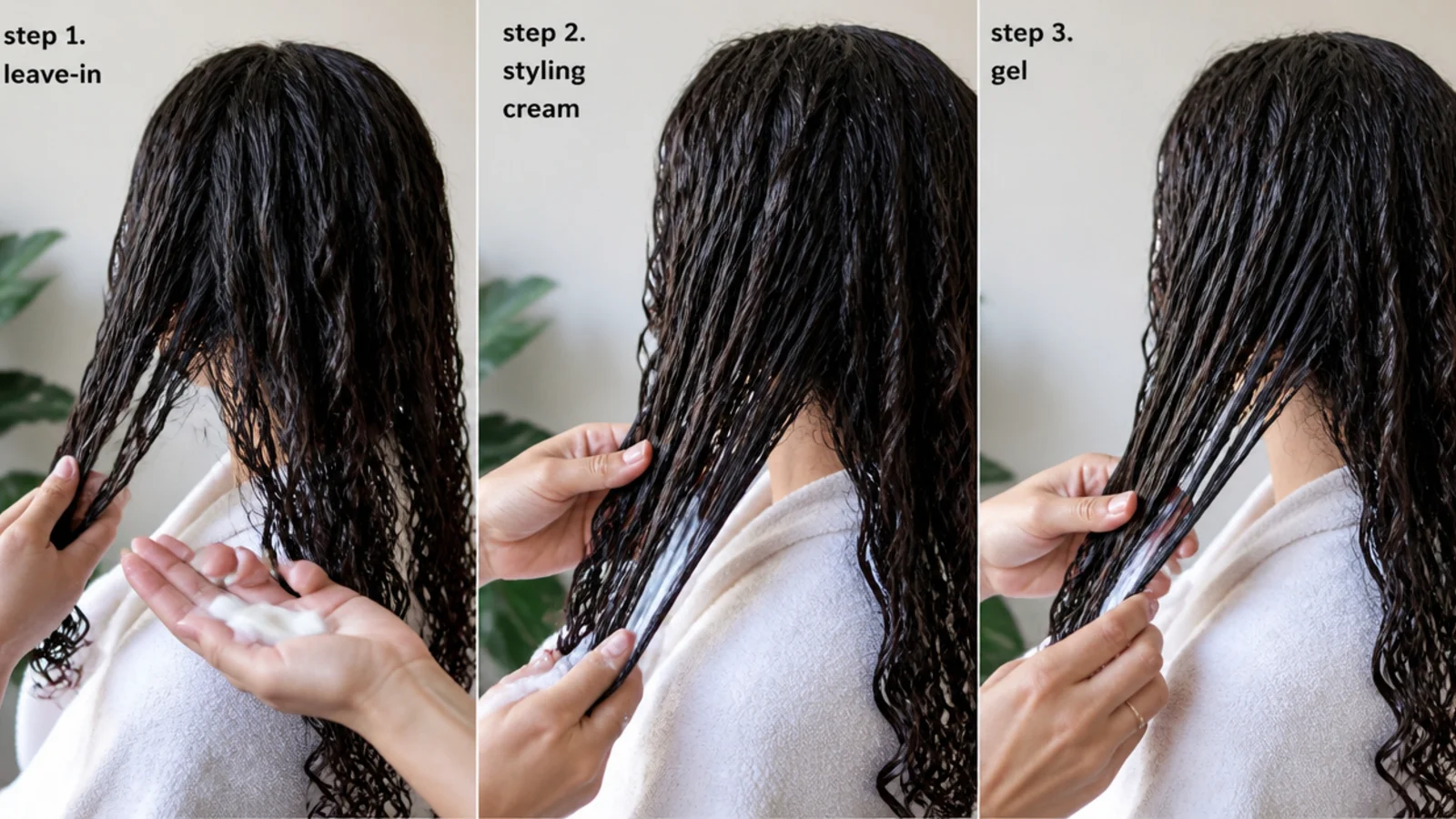 Product being layered onto soaking wet sectioned hair over a shower tray