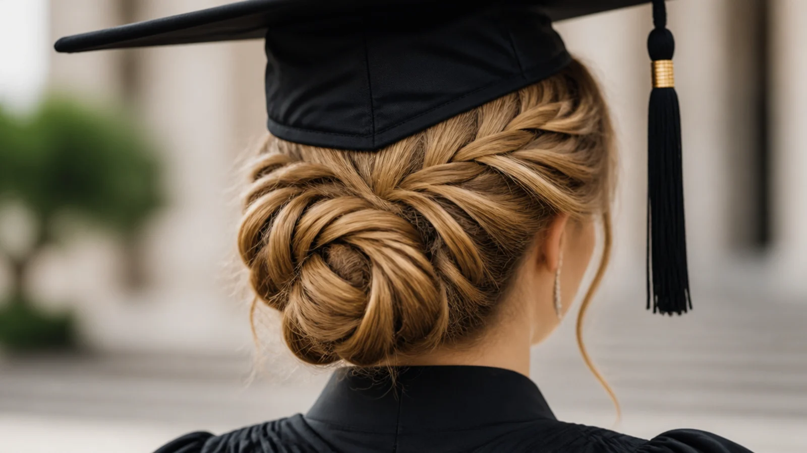 A braid coiled into a neat bun at the nape, photographed from behind