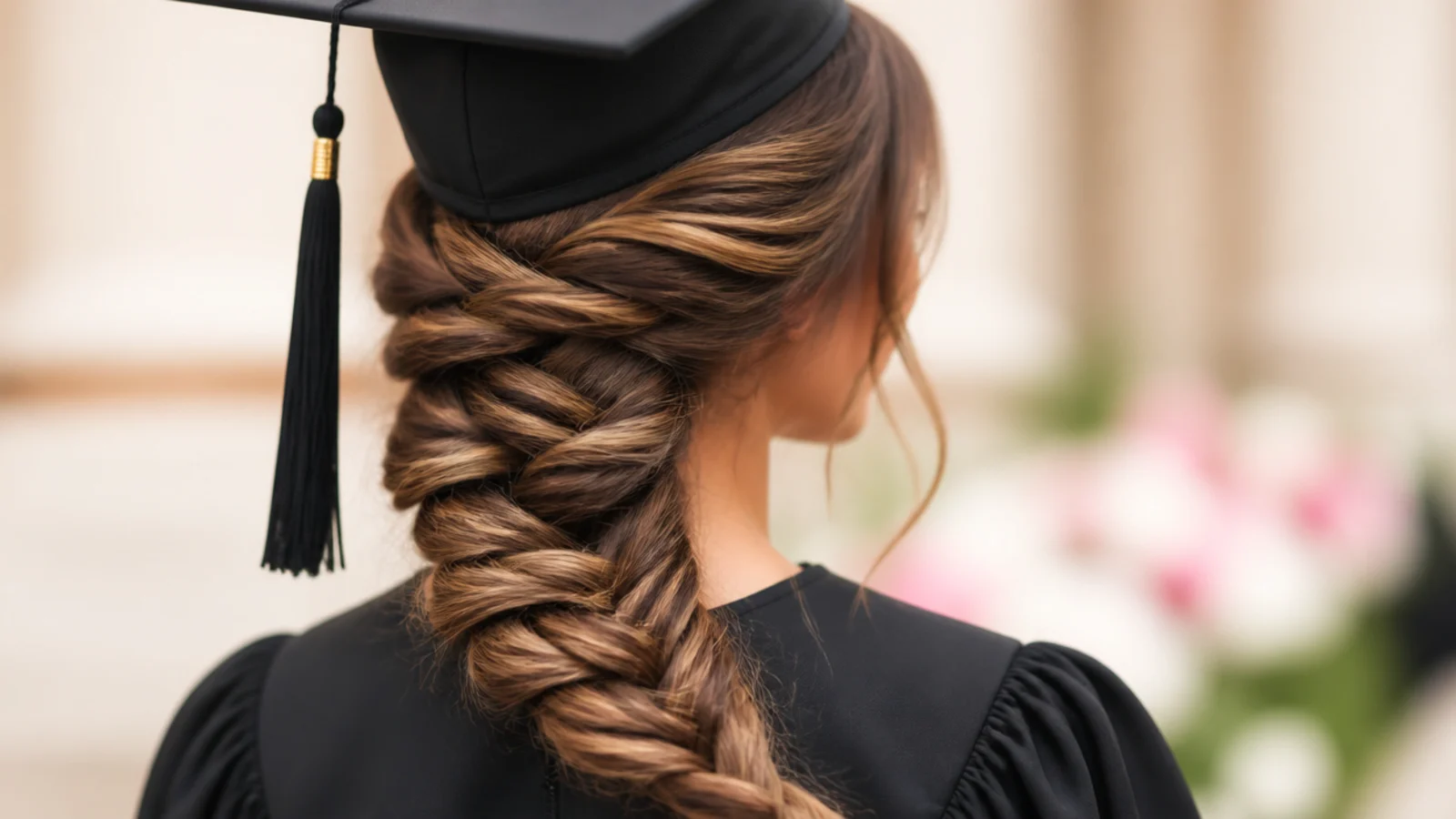 A fishtail braid resting over one shoulder against a dark gown