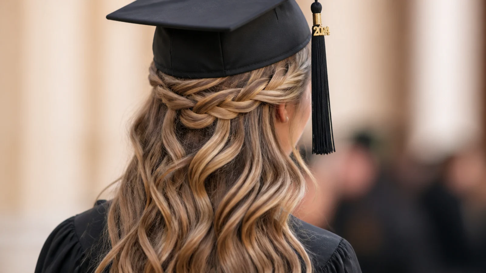 A Dutch braid gathering the top section into the back with the length hanging loose