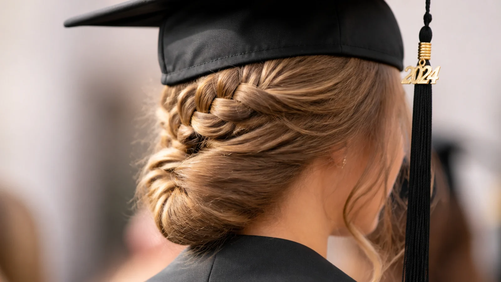 A French braid running into a rolled and pinned finish at the neck