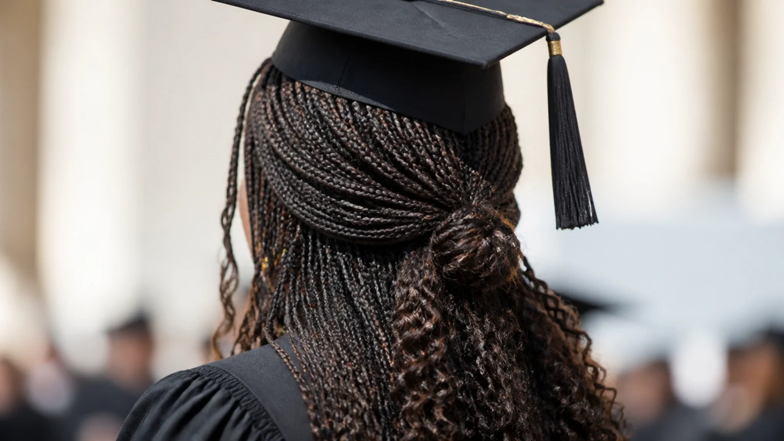 Long knotless braids with the top half gathered and tied back