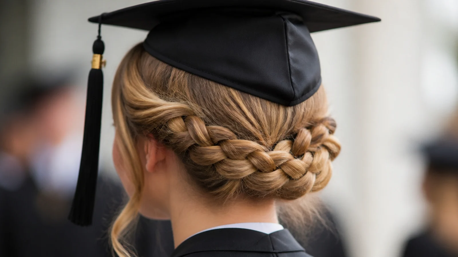 Two braids wrapped low around the back of the head and pinned behind the ears